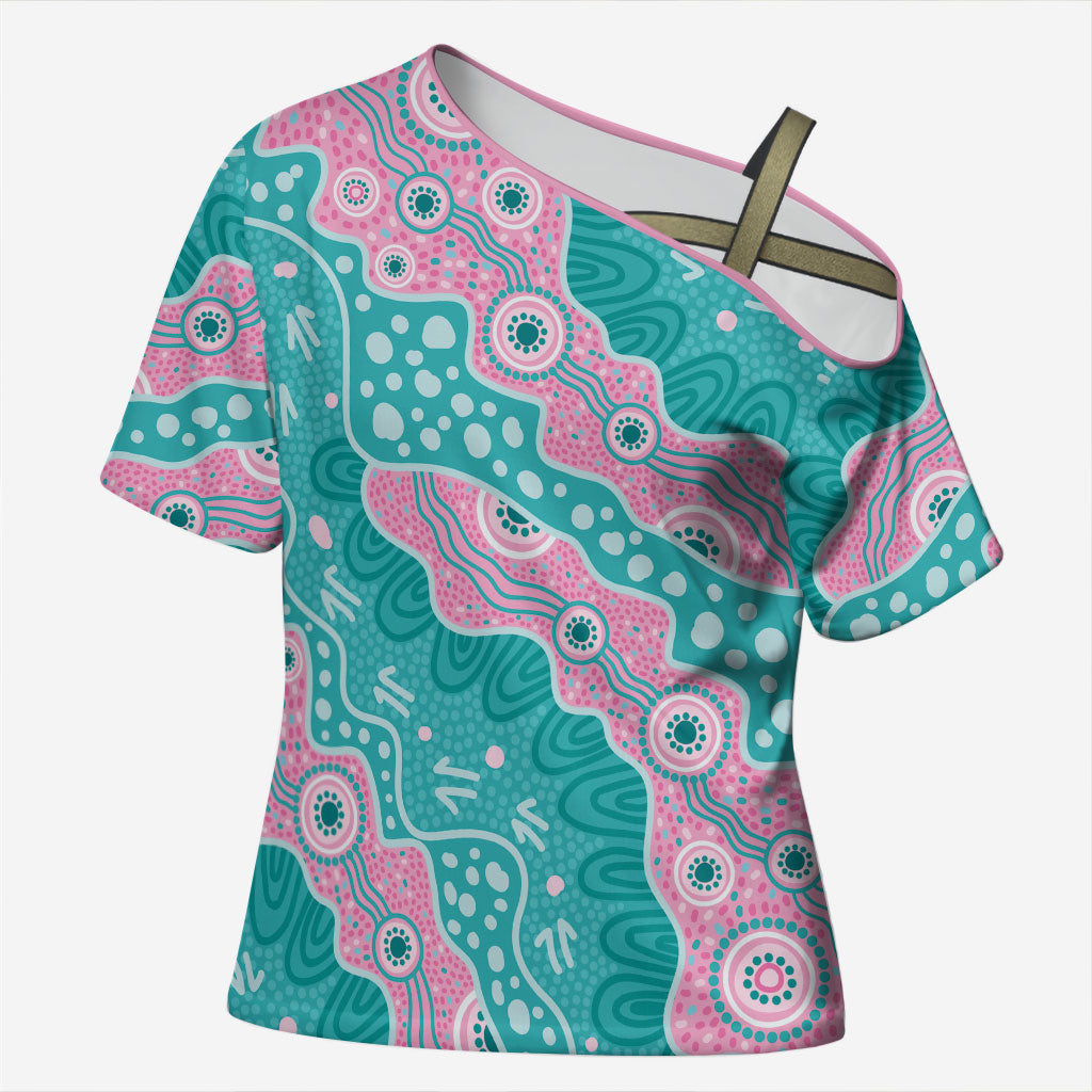 Hereditary Cancer Prevention Australia Indigenous Cross Shoulder Shirt Pink and Teal