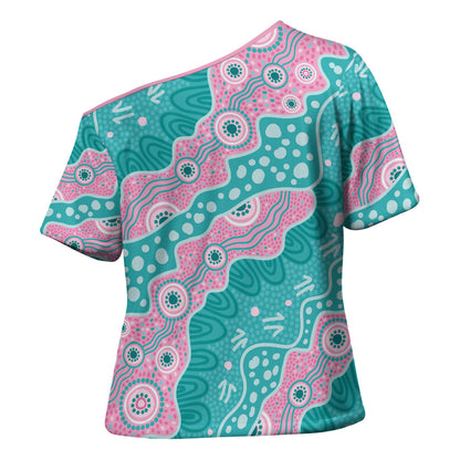 Hereditary Cancer Prevention Australia Indigenous Cross Shoulder Shirt Pink and Teal