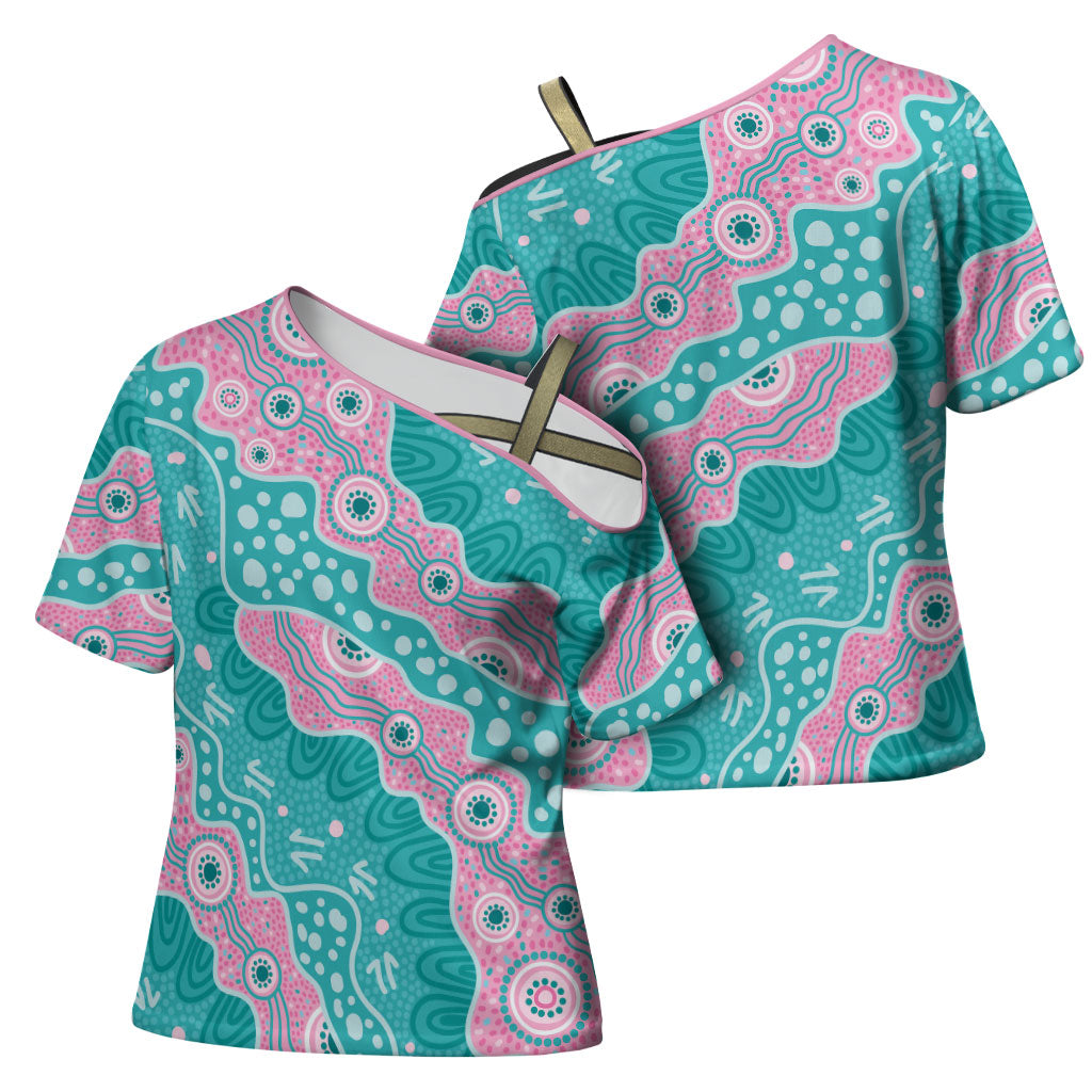 Hereditary Cancer Prevention Australia Indigenous Cross Shoulder Shirt Pink and Teal