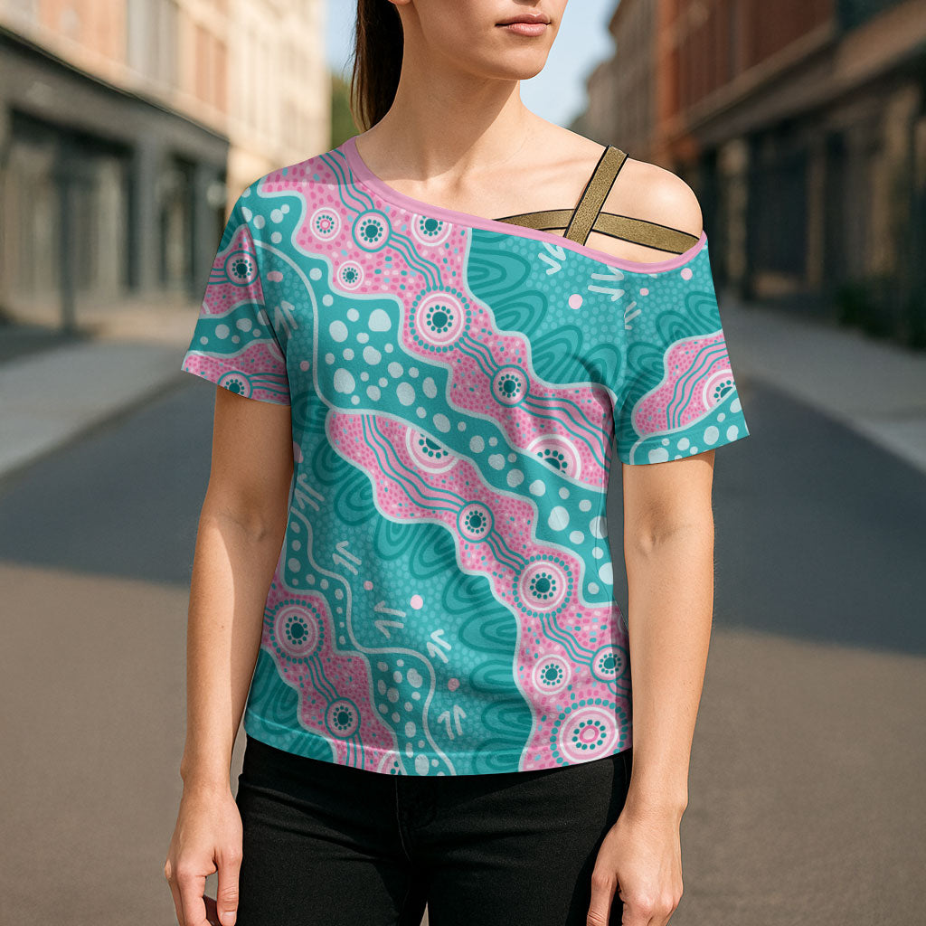 Hereditary Cancer Prevention Australia Indigenous Cross Shoulder Shirt Pink and Teal