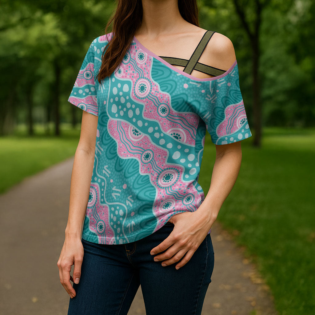 Hereditary Cancer Prevention Australia Indigenous Cross Shoulder Shirt Pink and Teal
