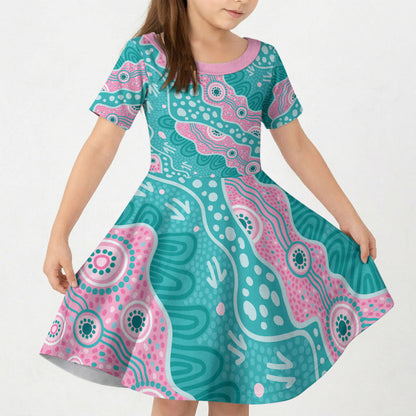 Hereditary Cancer Prevention Australia Indigenous Kid Short Sleeve Dress Pink and Teal