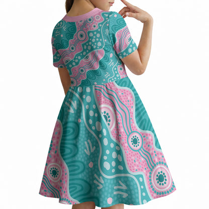 Hereditary Cancer Prevention Australia Indigenous Kid Short Sleeve Dress Pink and Teal