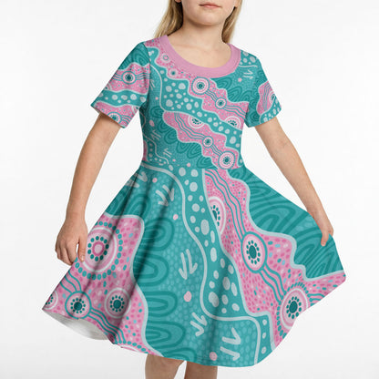 Hereditary Cancer Prevention Australia Indigenous Kid Short Sleeve Dress Pink and Teal