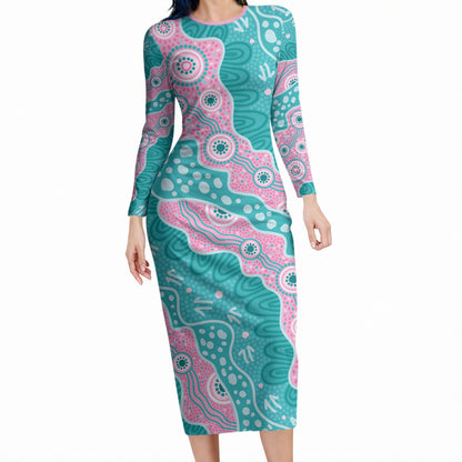 Hereditary Cancer Prevention Australia Indigenous Long Sleeve Bodycon Dress Pink and Teal