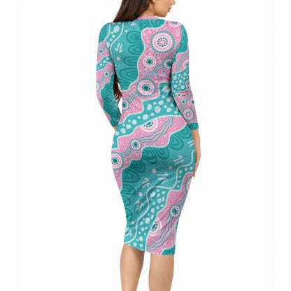 Hereditary Cancer Prevention Australia Indigenous Long Sleeve Bodycon Dress Pink and Teal
