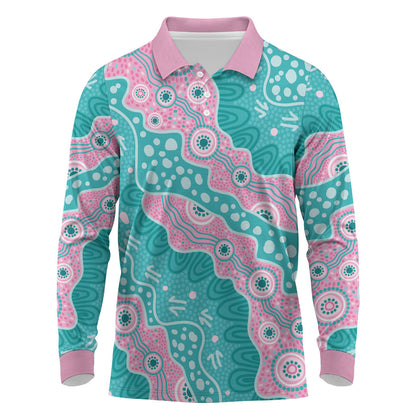 Hereditary Cancer Prevention Australia Indigenous Long Sleeve Polo Shirt Pink and Teal