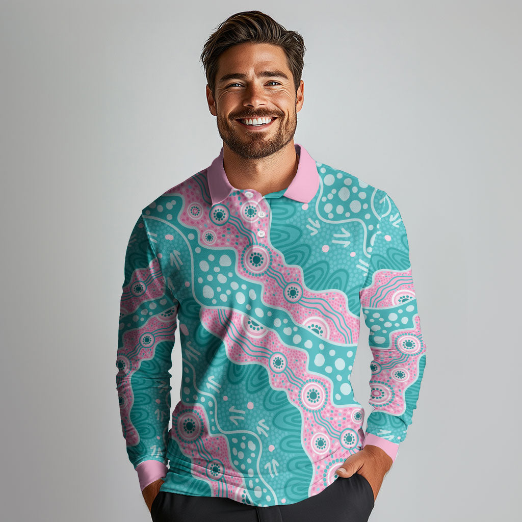 Hereditary Cancer Prevention Australia Indigenous Long Sleeve Polo Shirt Pink and Teal
