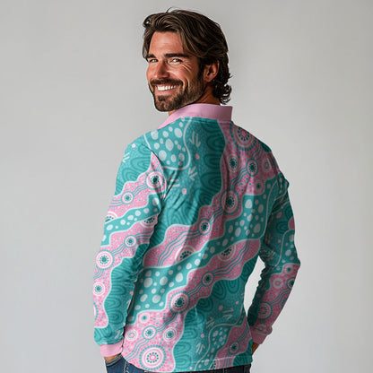 Hereditary Cancer Prevention Australia Indigenous Long Sleeve Polo Shirt Pink and Teal