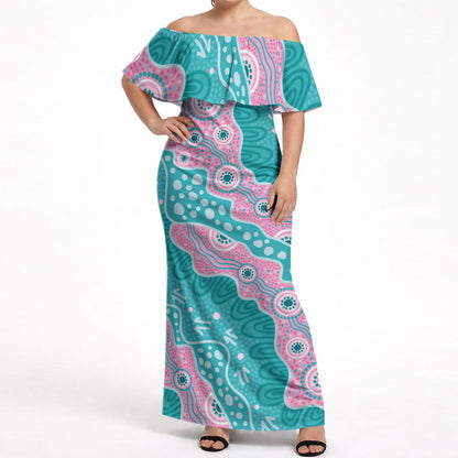 Hereditary Cancer Prevention Australia Indigenous Off Shoulder Maxi Dress Pink and Teal