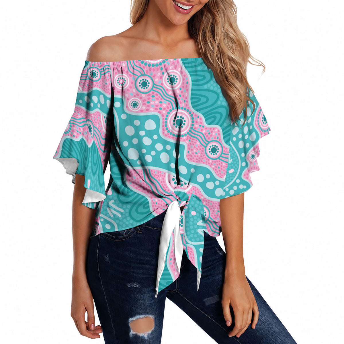 Hereditary Cancer Prevention Australia Indigenous Off Shoulder Wrap Waist Top Pink and Teal