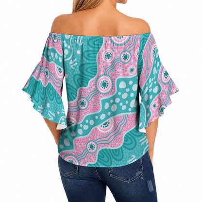 Hereditary Cancer Prevention Australia Indigenous Off Shoulder Wrap Waist Top Pink and Teal