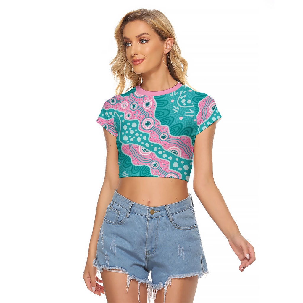 Hereditary Cancer Prevention Australia Indigenous Raglan Cropped T Shirt Pink and Teal