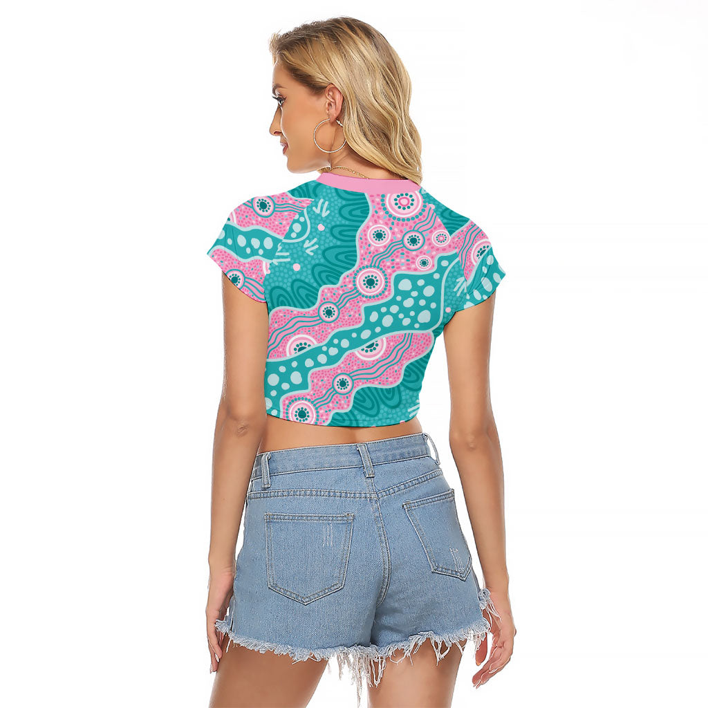 Hereditary Cancer Prevention Australia Indigenous Raglan Cropped T Shirt Pink and Teal