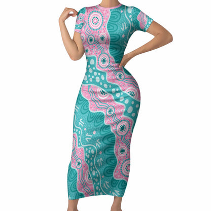 Hereditary Cancer Prevention Australia Indigenous Short Sleeve Bodycon Dress Pink and Teal