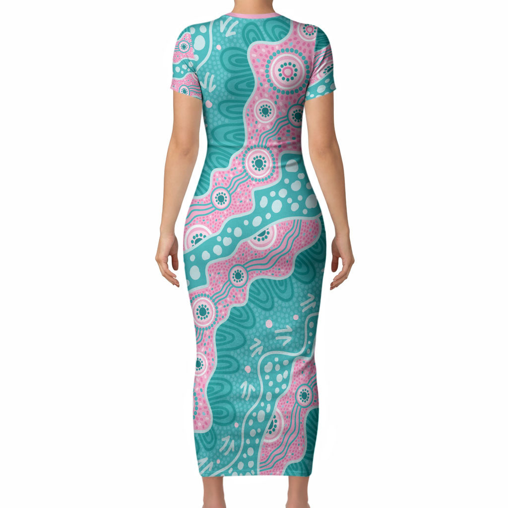 Hereditary Cancer Prevention Australia Indigenous Short Sleeve Bodycon Dress Pink and Teal