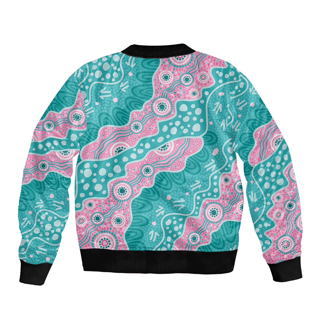 Hereditary Cancer Prevention Australia Indigenous Sleeve Zip Bomber Jacket Pink and Teal