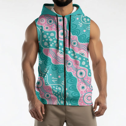 Hereditary Cancer Prevention Australia Indigenous Sleeveless Zip Hoodie Pink and Teal