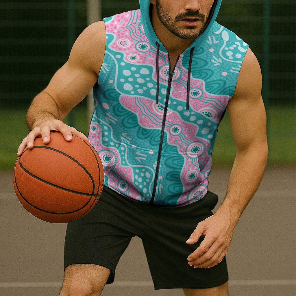 Hereditary Cancer Prevention Australia Indigenous Sleeveless Zip Hoodie Pink and Teal