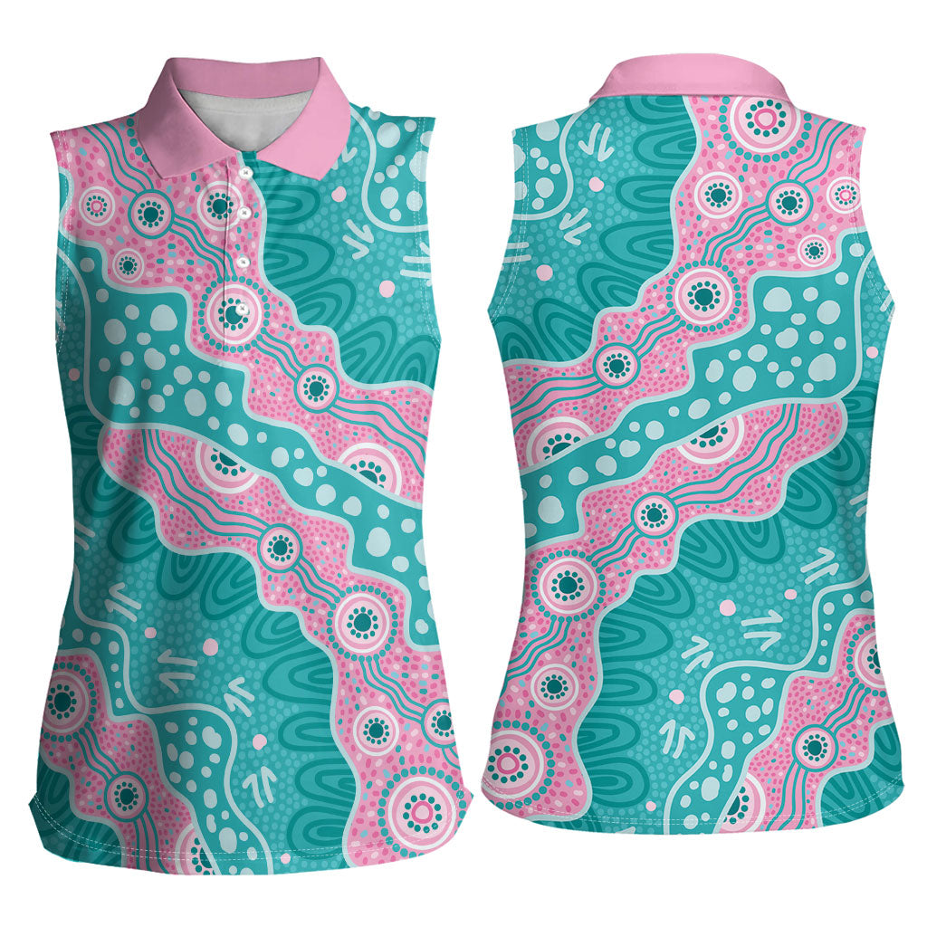 Hereditary Cancer Prevention Australia Indigenous Women Sleeveless Polo Shirt Pink and Teal