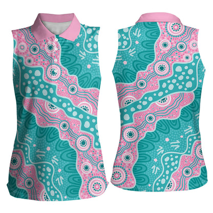 Hereditary Cancer Prevention Australia Indigenous Women Sleeveless Polo Shirt Pink and Teal