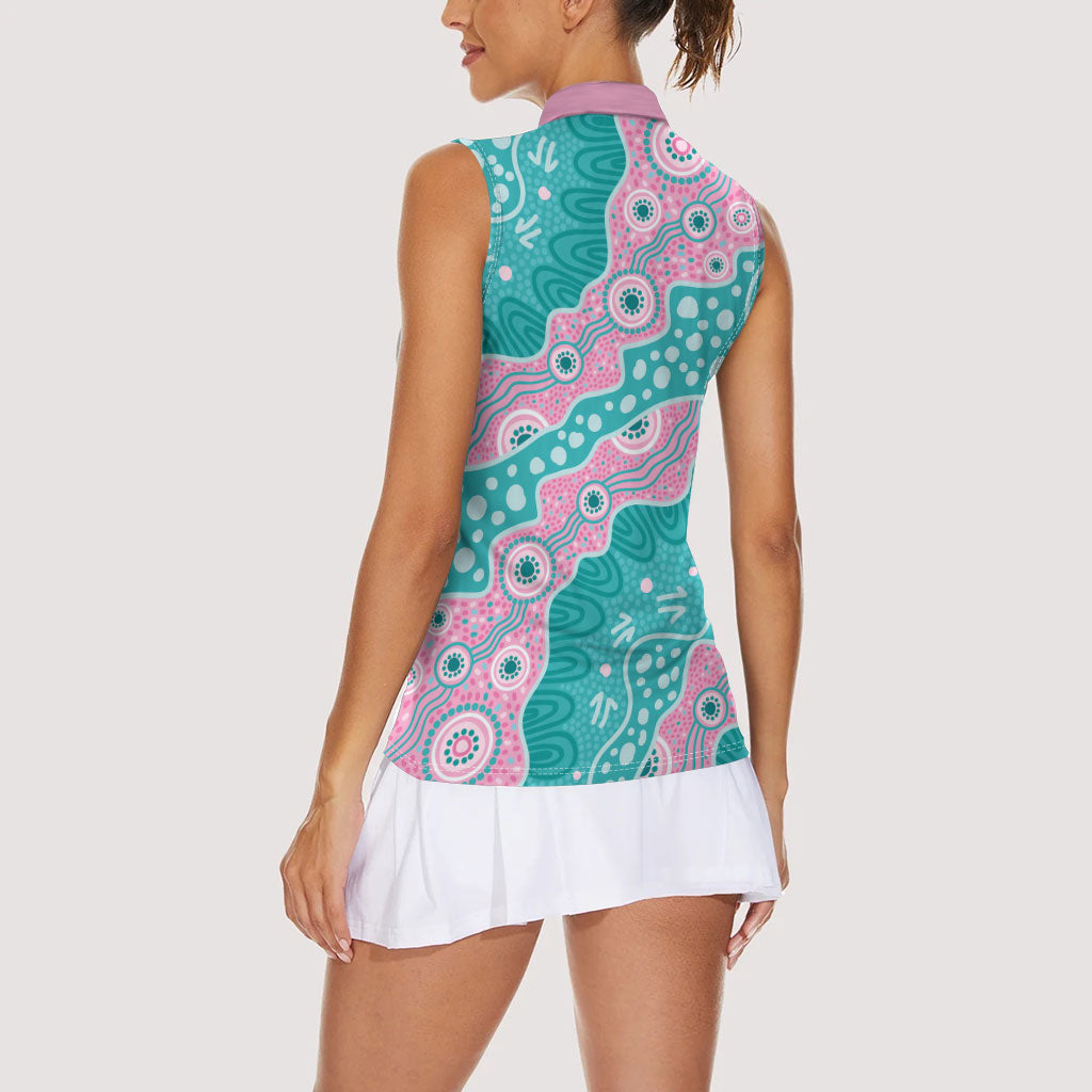 Hereditary Cancer Prevention Australia Indigenous Women Sleeveless Polo Shirt Pink and Teal