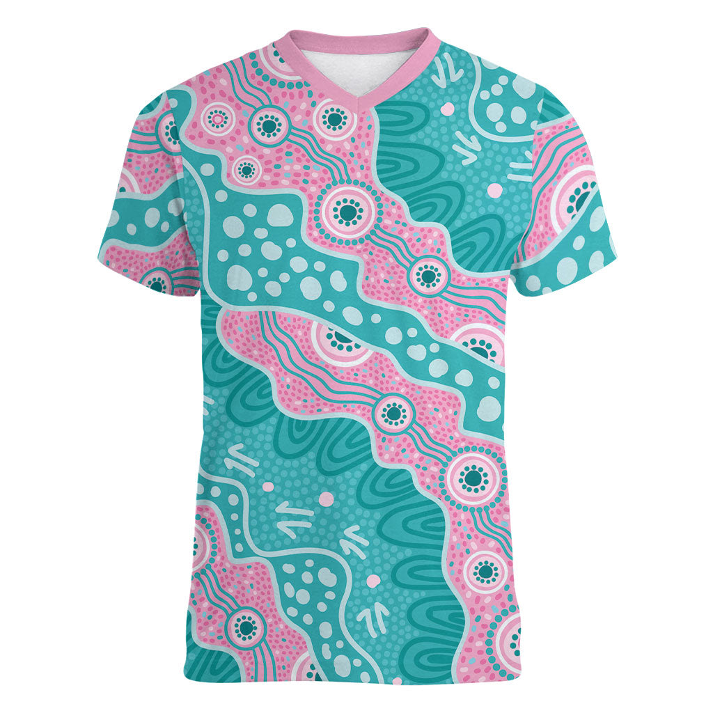 Hereditary Cancer Prevention Australia Indigenous Women V-Neck T-Shirt Pink and Teal