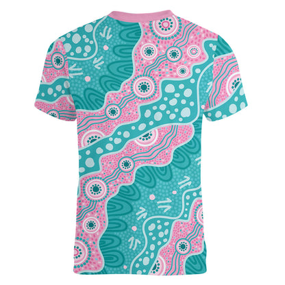 Hereditary Cancer Prevention Australia Indigenous Women V-Neck T-Shirt Pink and Teal