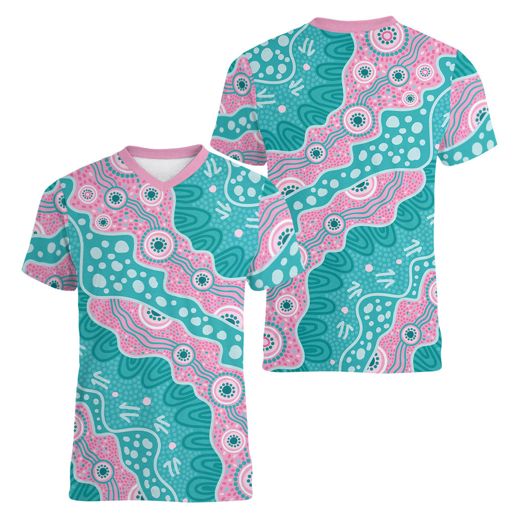Hereditary Cancer Prevention Australia Indigenous Women V-Neck T-Shirt Pink and Teal