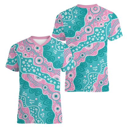 Hereditary Cancer Prevention Australia Indigenous Women V-Neck T-Shirt Pink and Teal