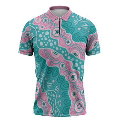 Hereditary Cancer Prevention Australia Indigenous Zipper Polo Shirt Pink and Teal