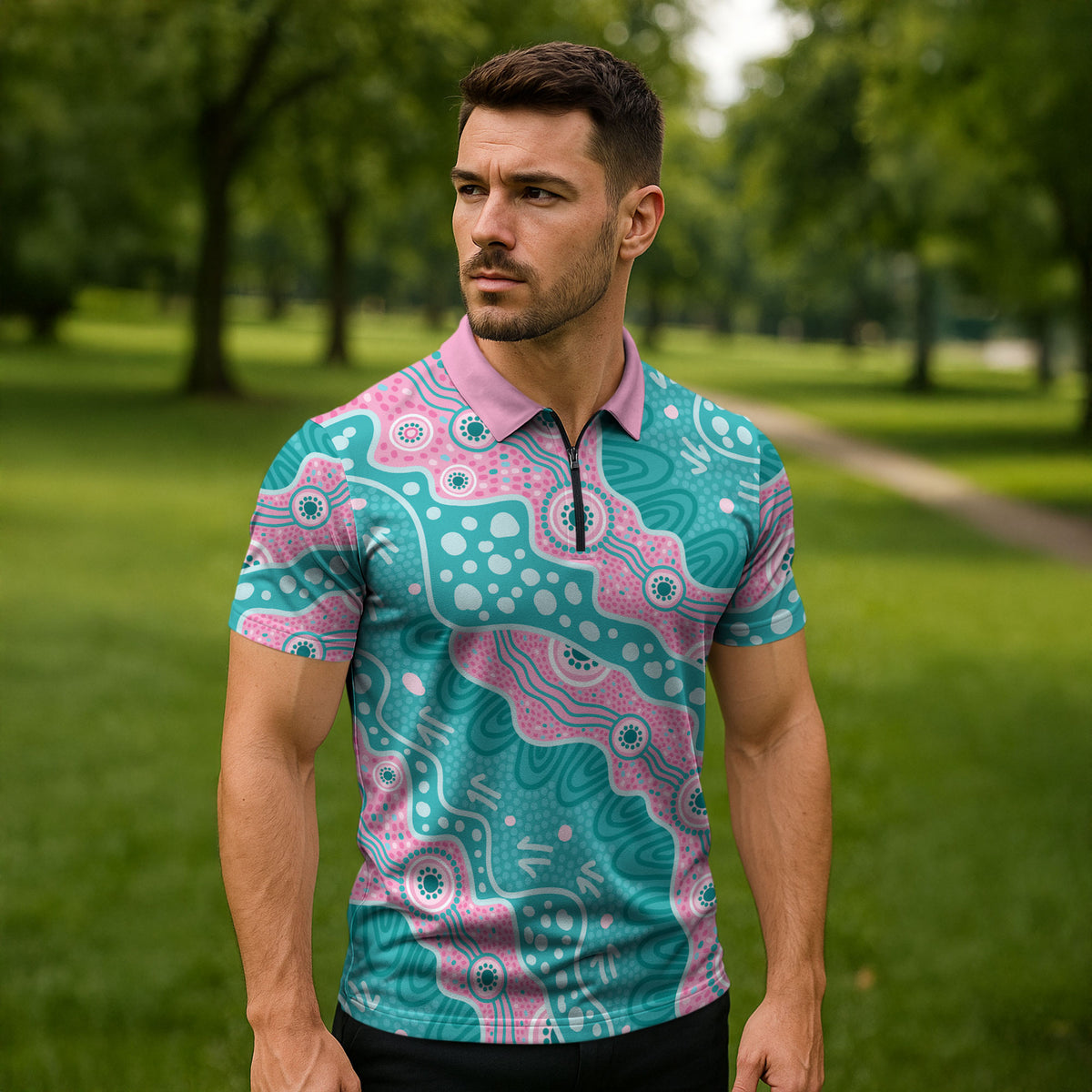 Hereditary Cancer Prevention Australia Indigenous Zipper Polo Shirt Pink and Teal
