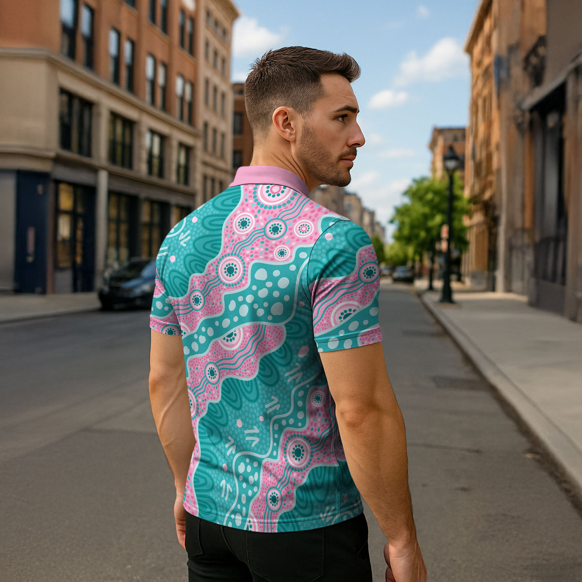 Hereditary Cancer Prevention Australia Indigenous Zipper Polo Shirt Pink and Teal