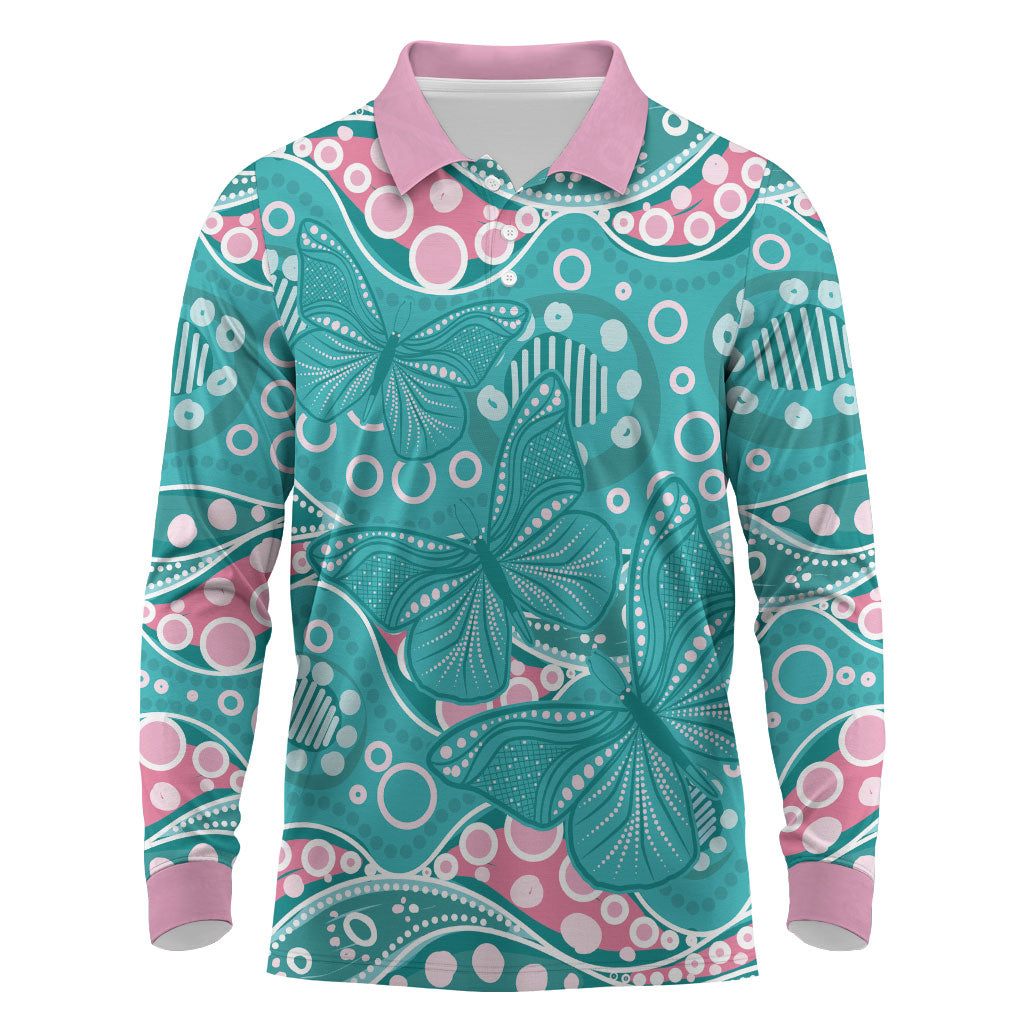 Australia Hereditary Cancer Prevention Long Sleeve Polo Shirt Aboriginal Butterflies