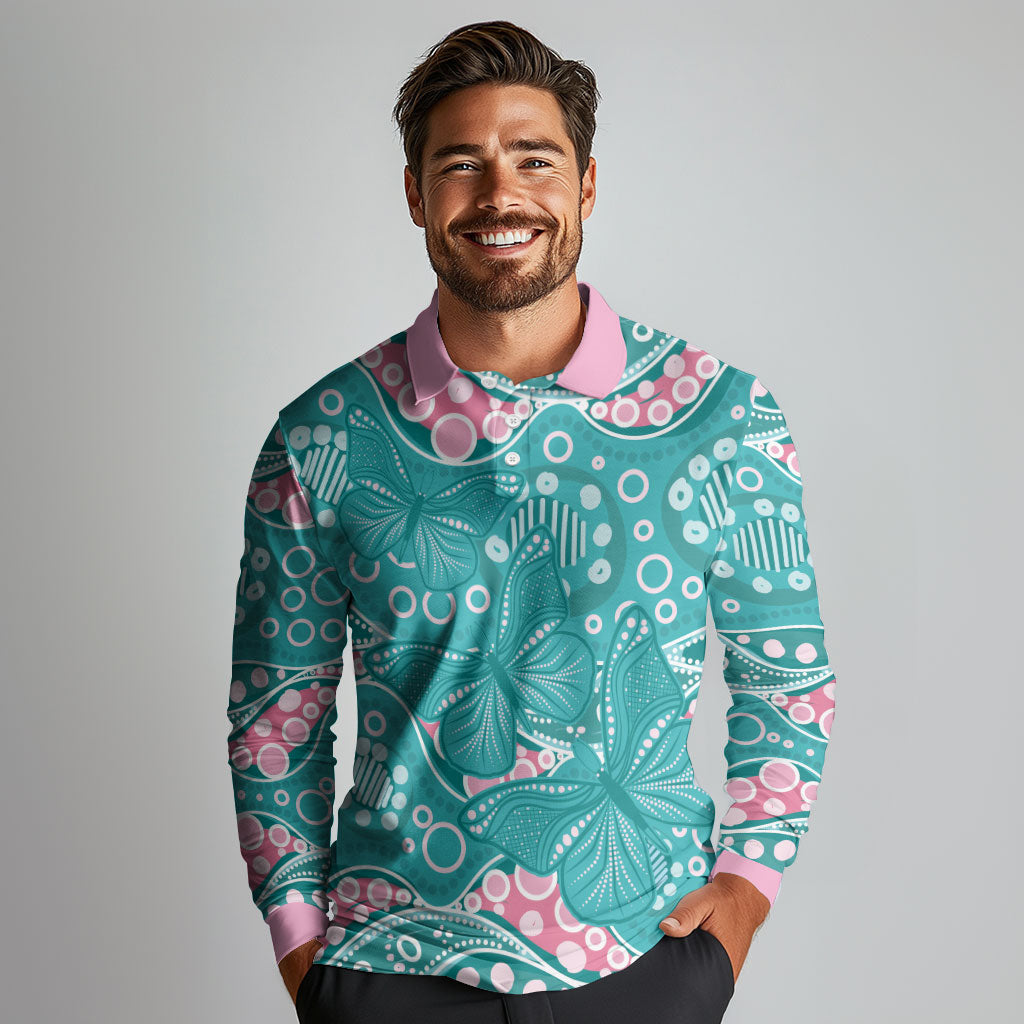 Australia Hereditary Cancer Prevention Long Sleeve Polo Shirt Aboriginal Butterflies