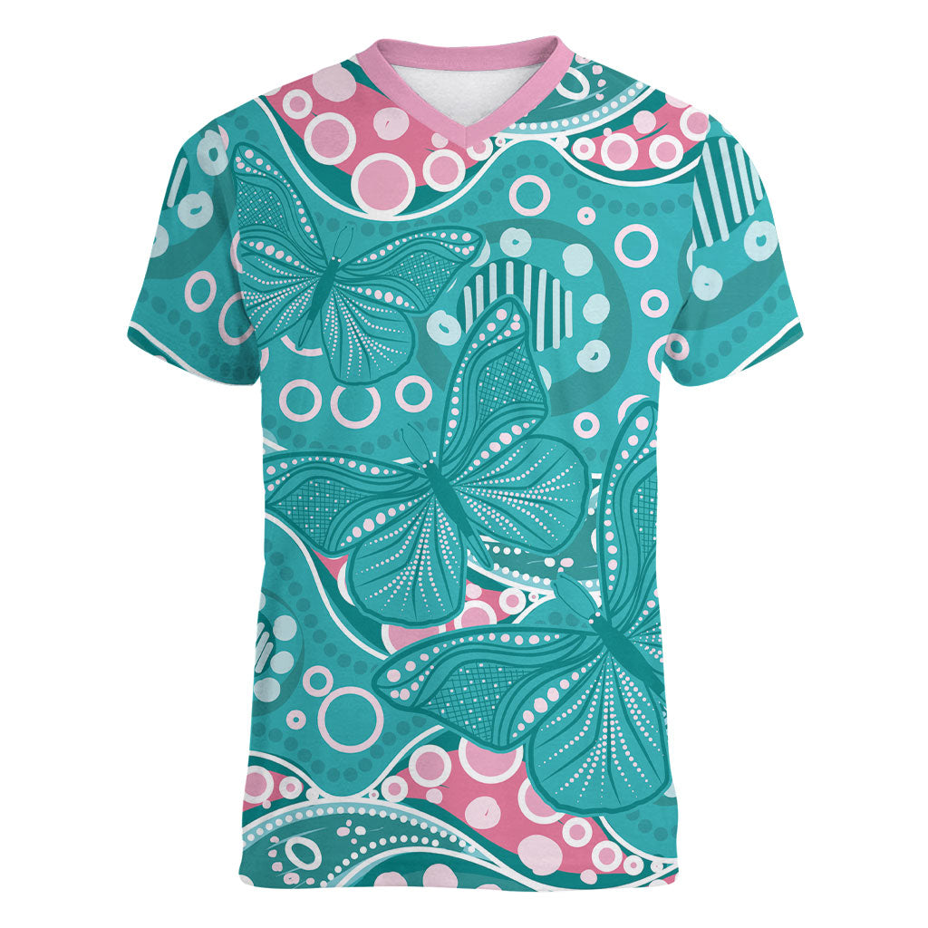 Australia Hereditary Cancer Prevention Women V-Neck T-Shirt Aboriginal Butterflies
