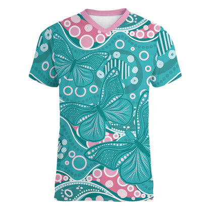 Australia Hereditary Cancer Prevention Women V-Neck T-Shirt Aboriginal Butterflies
