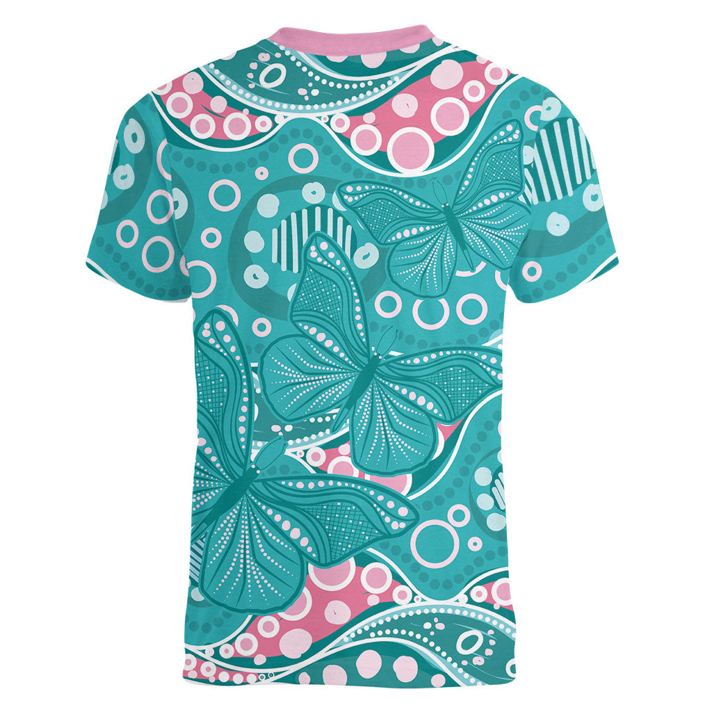 Australia Hereditary Cancer Prevention Women V-Neck T-Shirt Aboriginal Butterflies