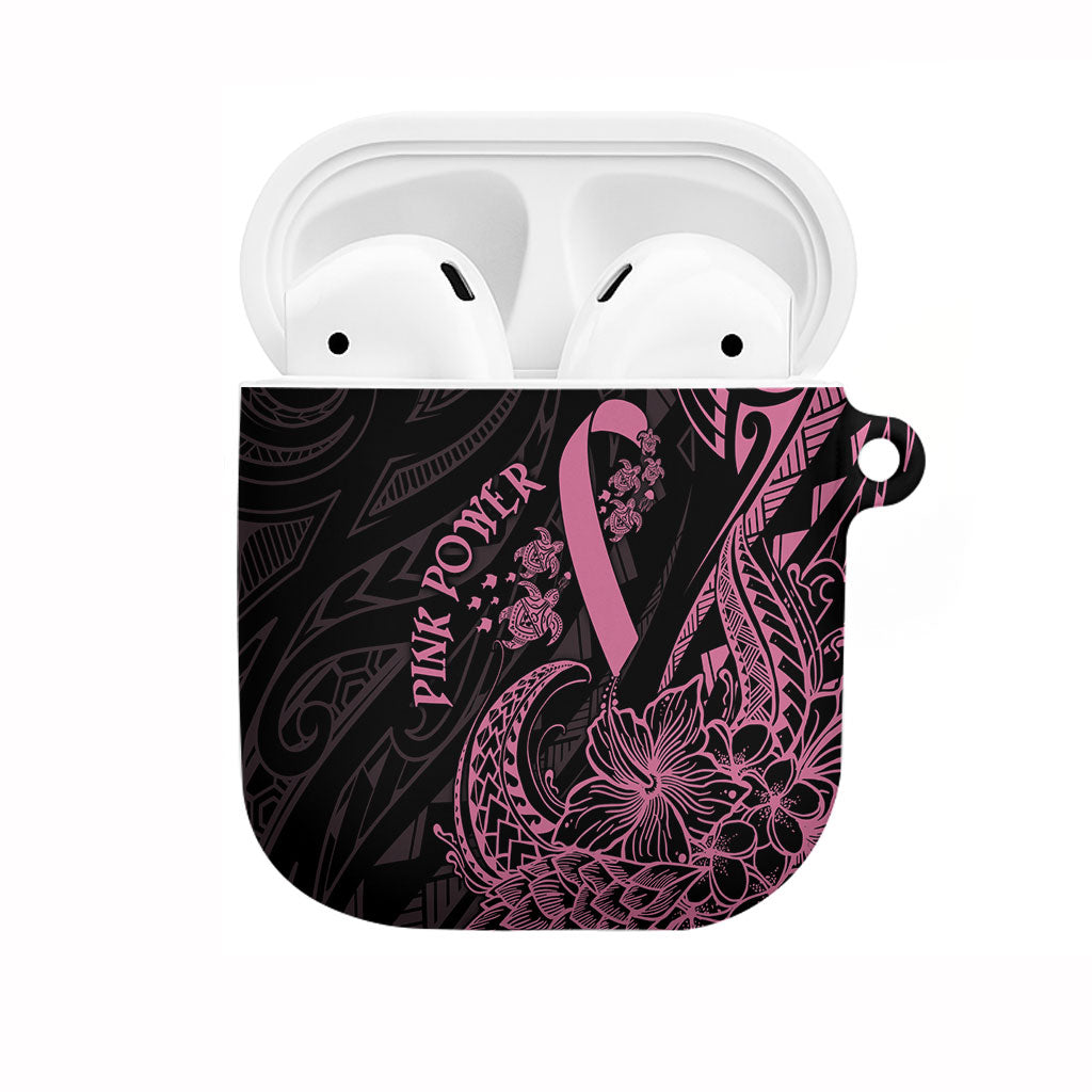 Polynesian Pink Power AirPods Case Breast Cancer Ribbon Turtle and Flowers