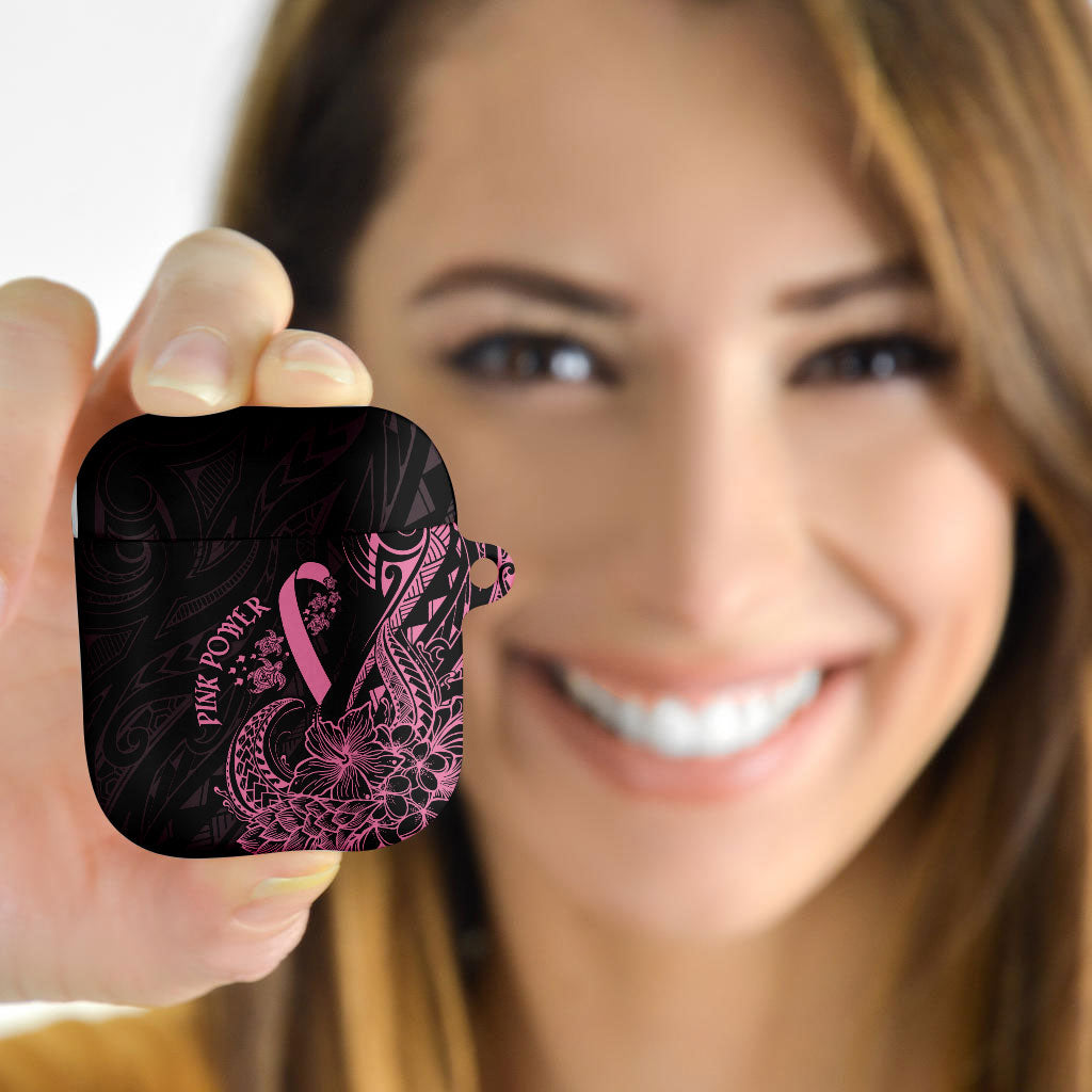 Polynesian Pink Power AirPods Case Breast Cancer Ribbon Turtle and Flowers