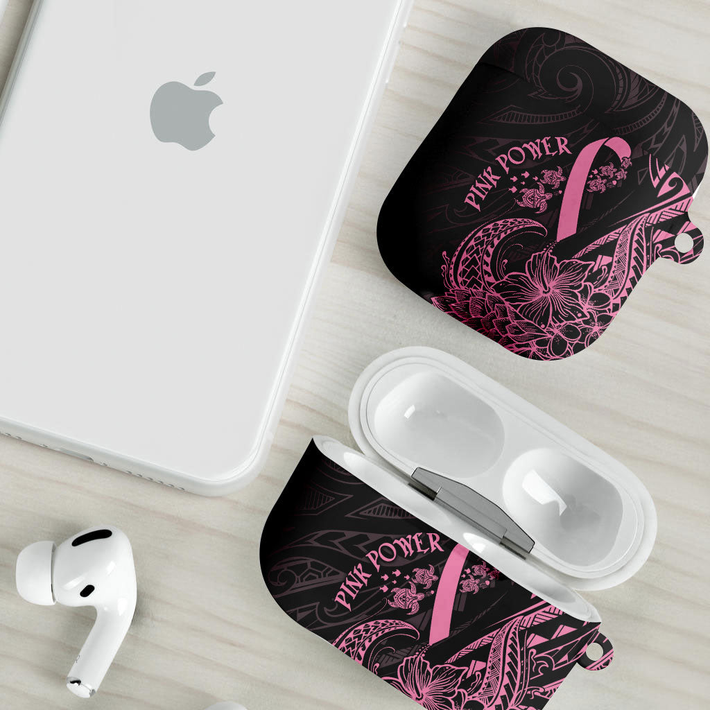 Polynesian Pink Power AirPods Case Breast Cancer Ribbon Turtle and Flowers
