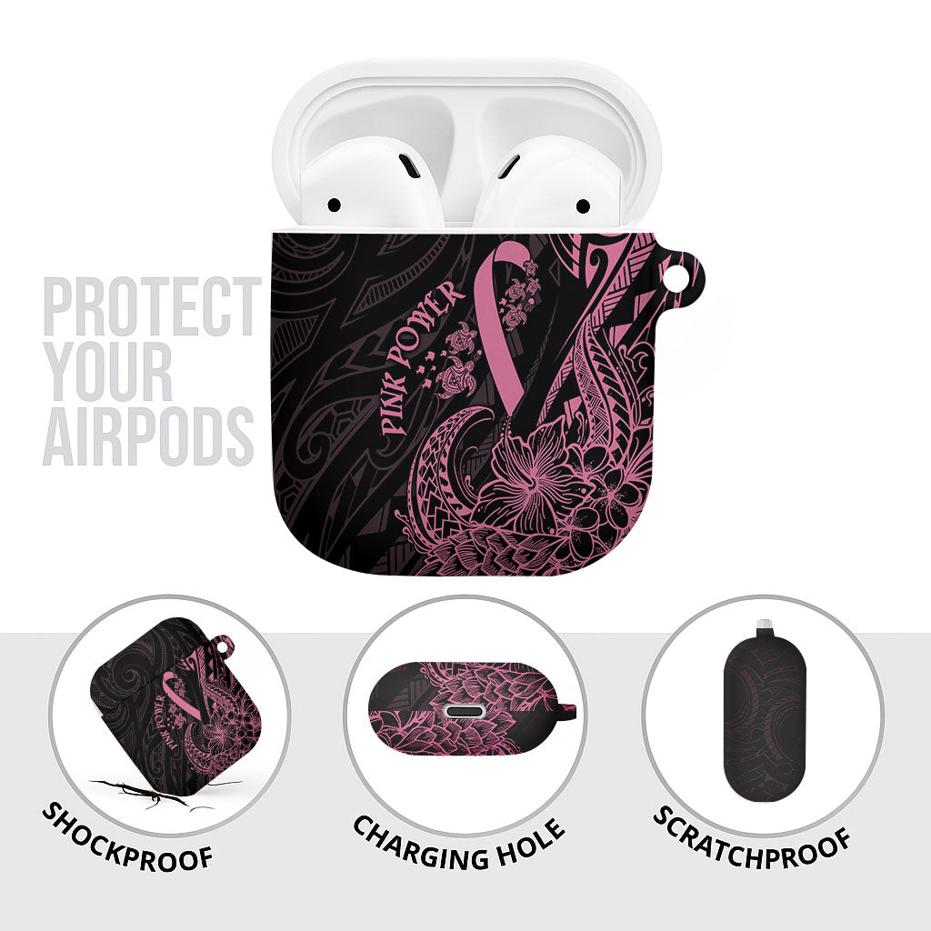 Polynesian Pink Power AirPods Case Breast Cancer Ribbon Turtle and Flowers