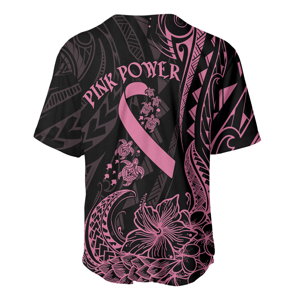 Polynesian Pink Power Baseball Jersey Breast Cancer Ribbon Turtle and Flowers