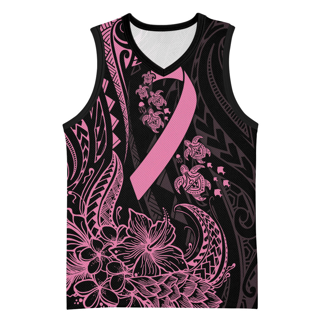 Polynesian Pink Power Basketball Jersey Breast Cancer Ribbon Turtle and Flowers