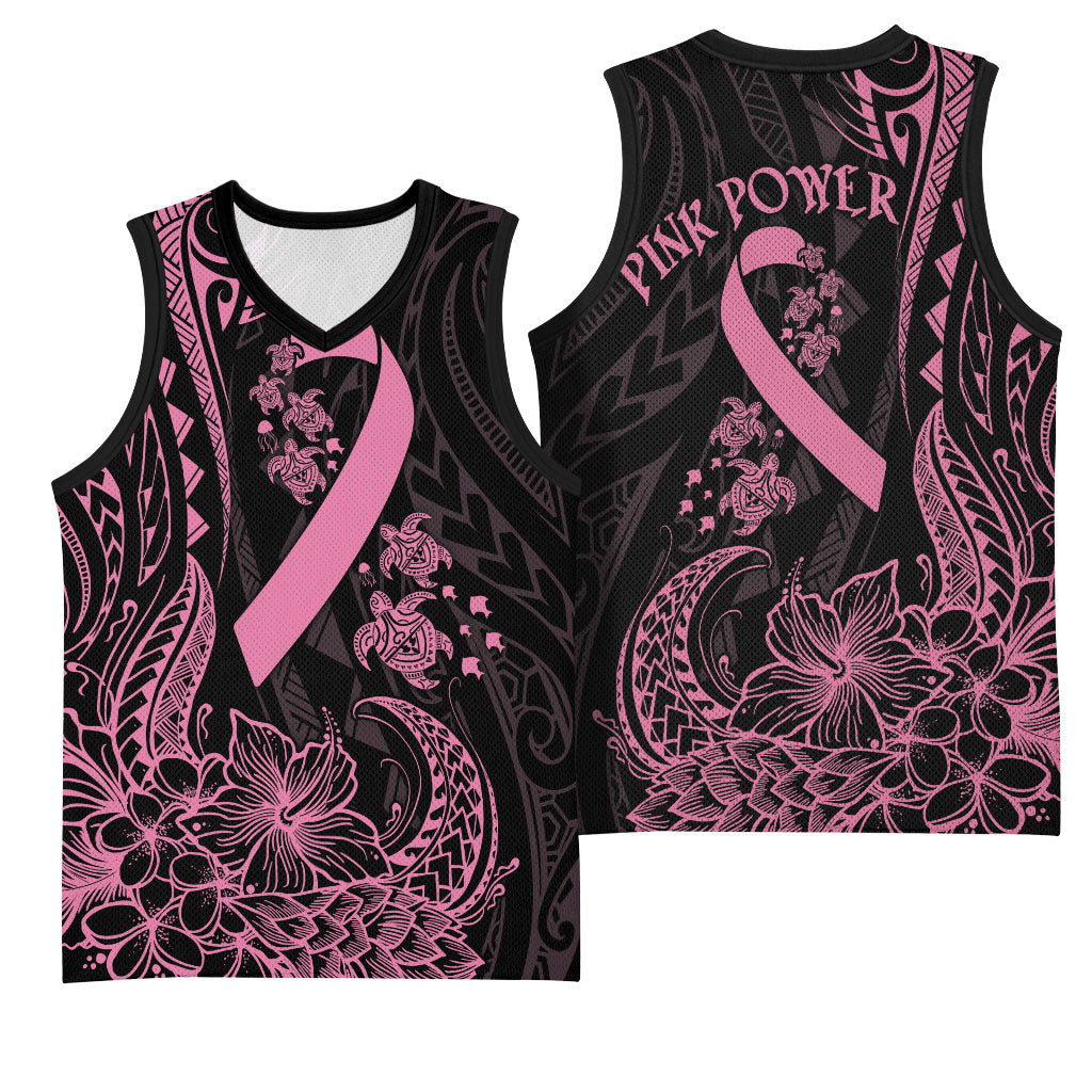 Polynesian Pink Power Basketball Jersey Breast Cancer Ribbon Turtle and Flowers