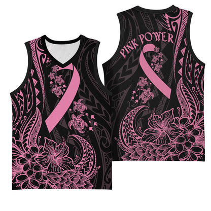 Polynesian Pink Power Basketball Jersey Breast Cancer Ribbon Turtle and Flowers