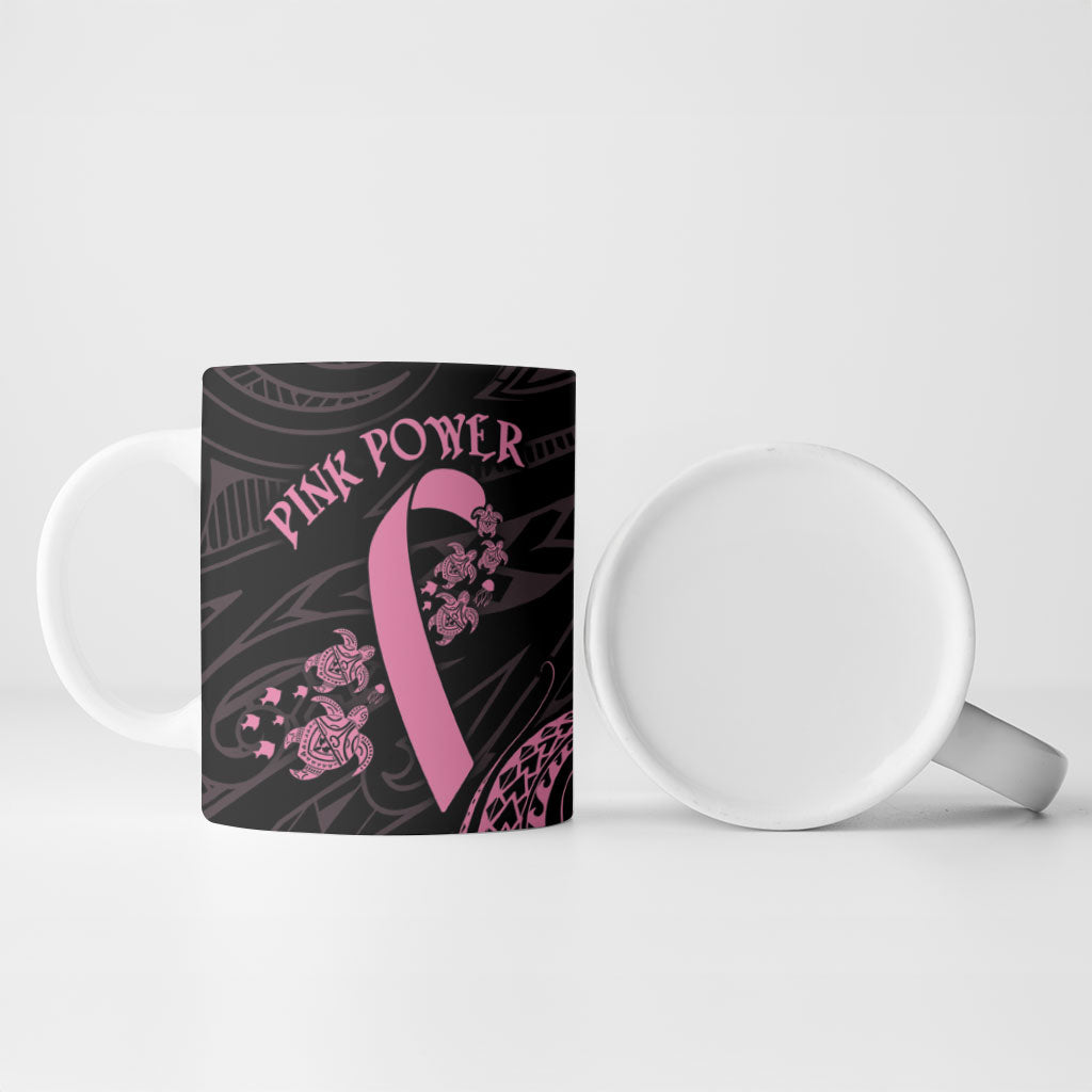 Polynesian Pink Power Ceramic Mug Breast Cancer Ribbon Turtle and Flowers