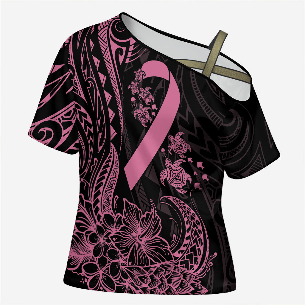 Polynesian Pink Power Cross Shoulder Shirt Breast Cancer Ribbon Turtle and Flowers