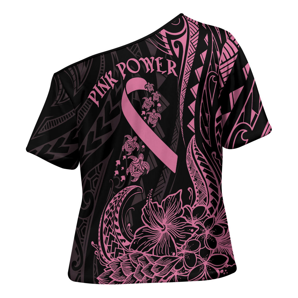 Polynesian Pink Power Cross Shoulder Shirt Breast Cancer Ribbon Turtle and Flowers