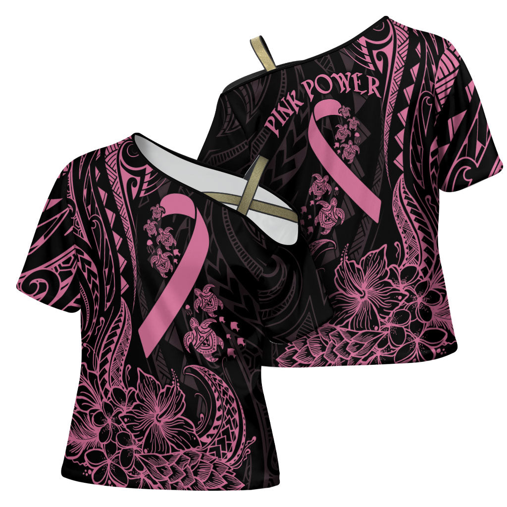 Polynesian Pink Power Cross Shoulder Shirt Breast Cancer Ribbon Turtle and Flowers